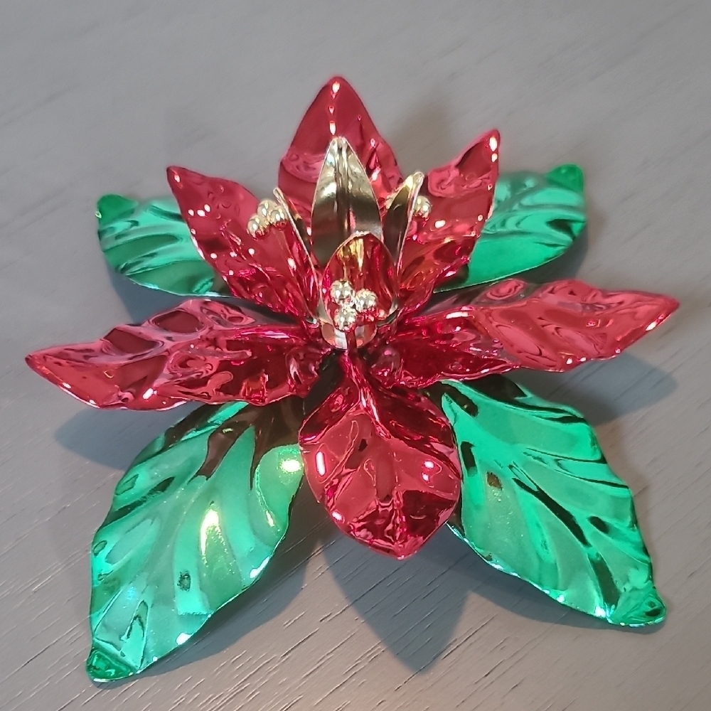 Department 56 Red and Green Poinsettia Metal Candle Holder